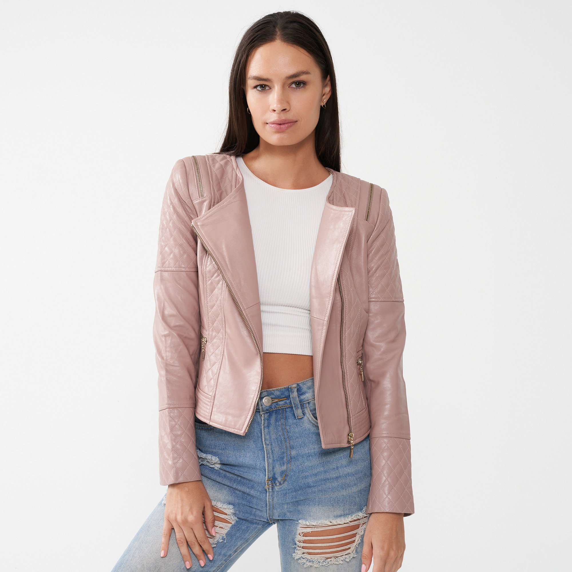 dusty pink leather jacket