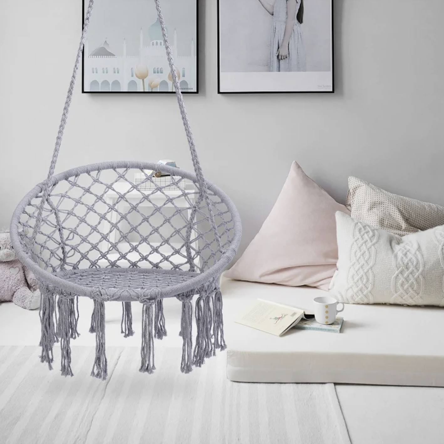 grey macrame hanging chair