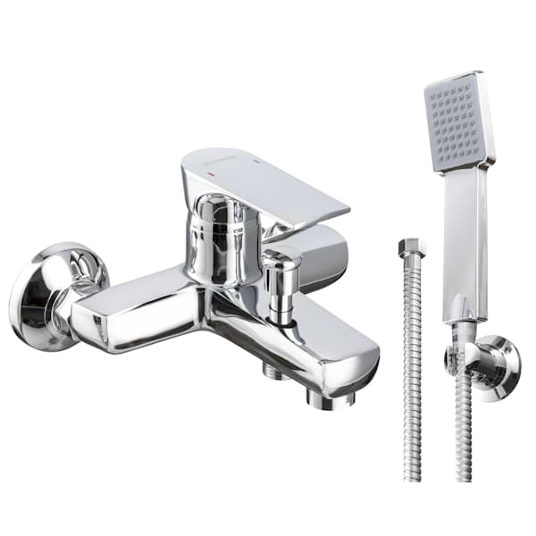 Silver Square Bath Mixer with Shower Hose