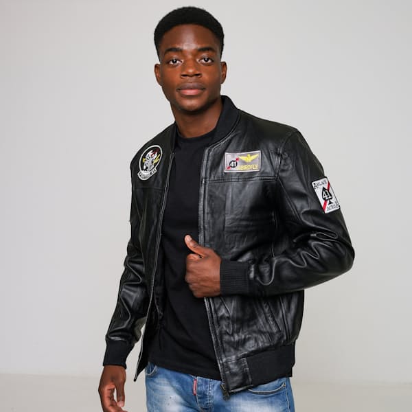 Men's Genuine Leather Pilot Bomber Jacket with Patchwork
