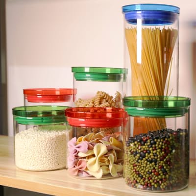 7x Glass Storage Jars with Colour-Coded Acrylic Lids