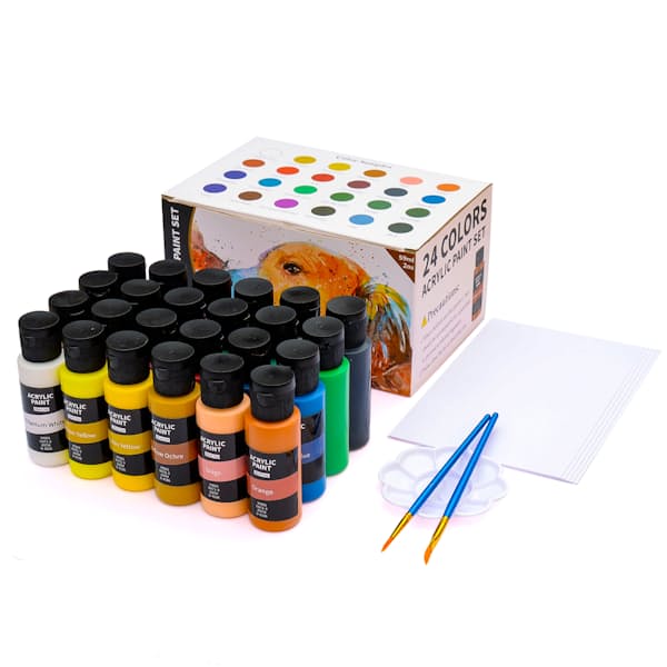 24 Colours Acrylic Paint Set with Brushes and Canvas