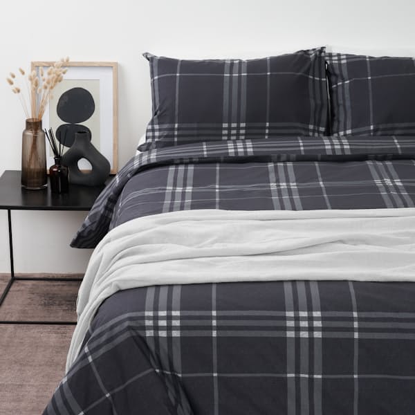 200TC 100% Cotton Charcoal Checkered Printed Percale Duvet Cover Set