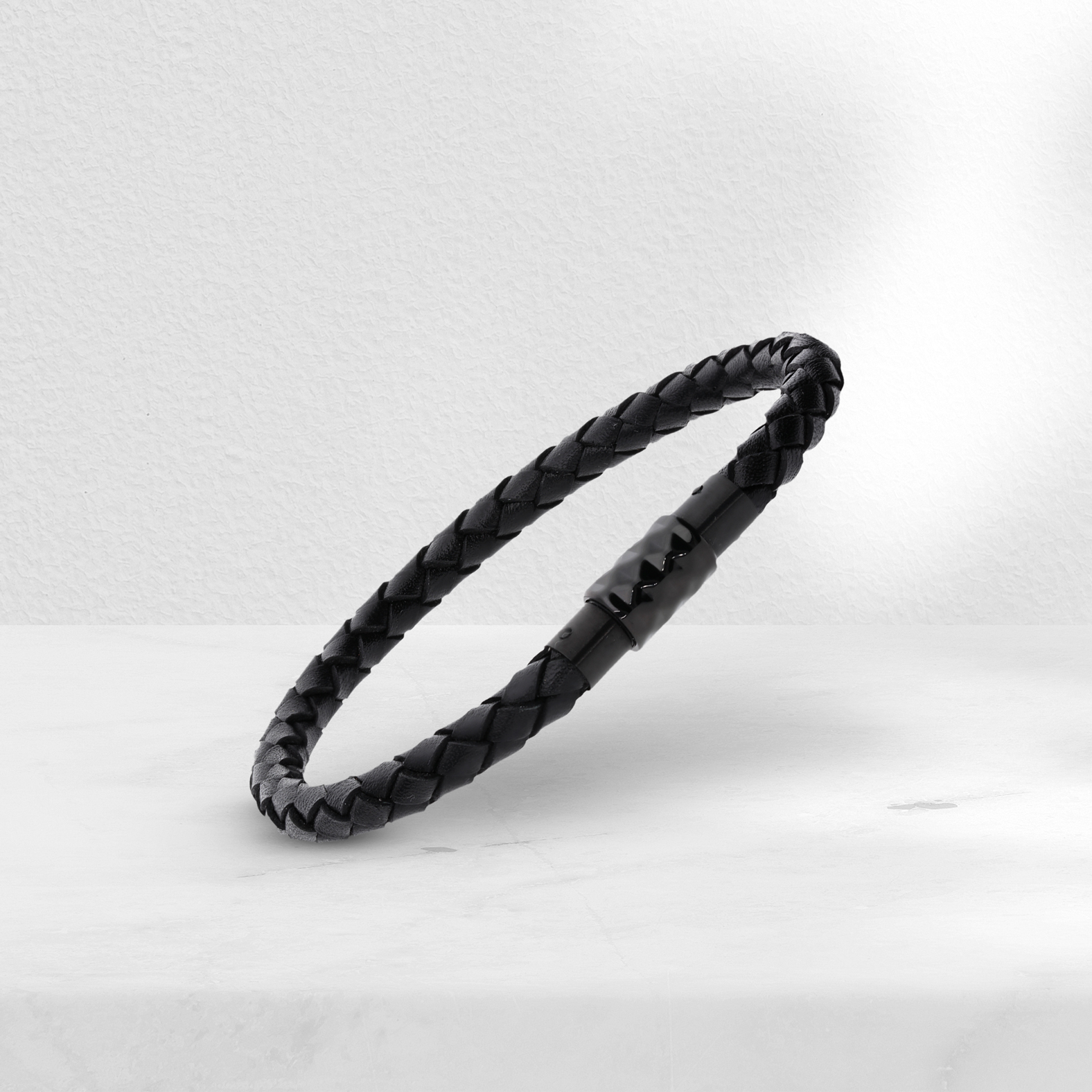 Men's 6mm Black Leather Woven Bracelet