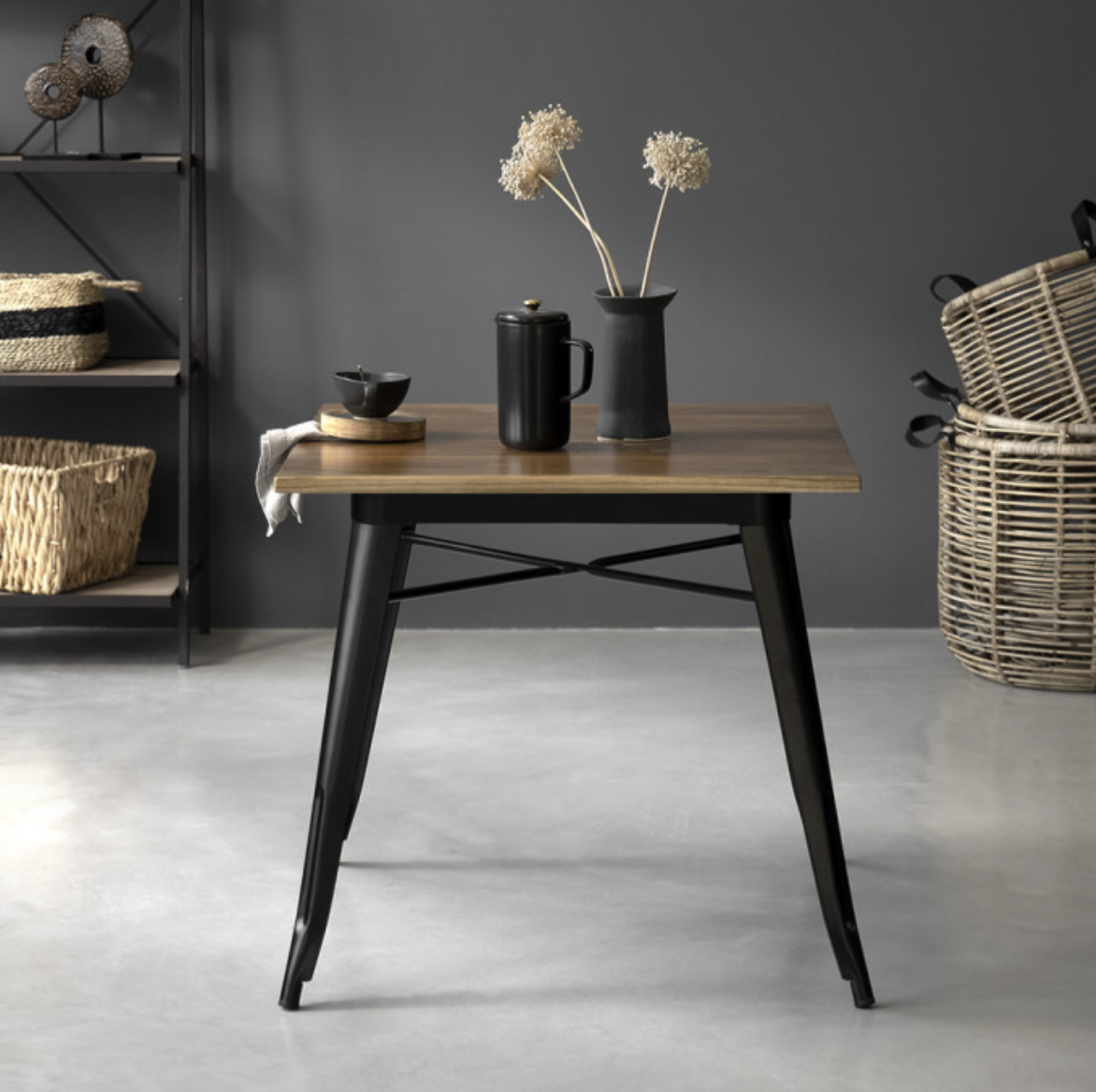 Elm Wood and Metal Dining Table