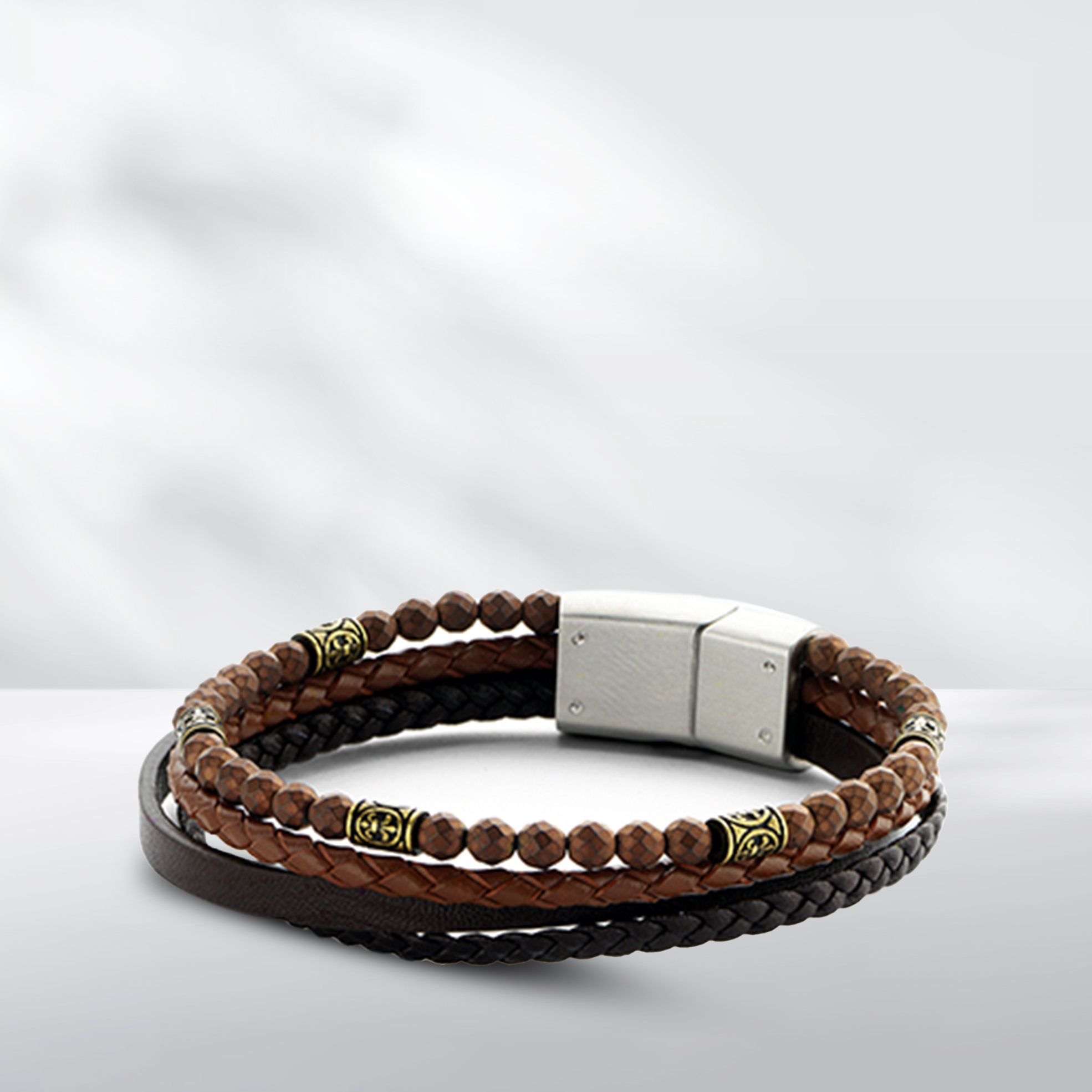 21cm Stainless Steel Brown Leather Multi Bracelet with Hematite Beads