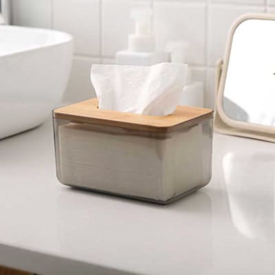 2x Large Modern Acrylic Tissue Box with Natural Bamboo Lids