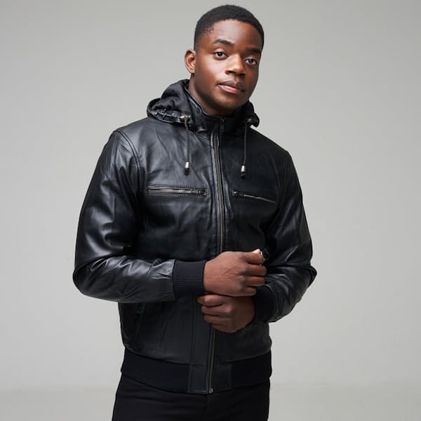 Men's Black Hooded Bomber Jacket With Removable Hoody