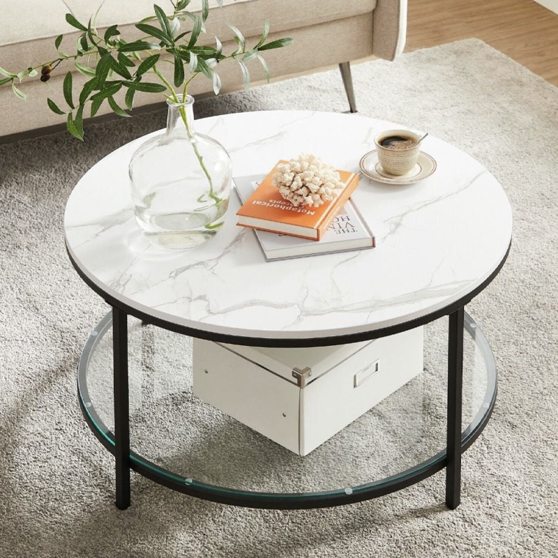 2-Tier Seattle Round Marble Look and Glass Coffee Table