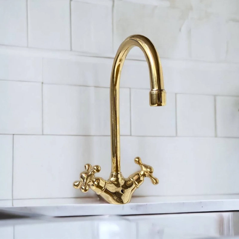 Dual Valve Brushed Gold Sink Deck Mixer