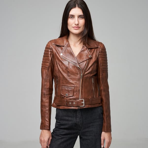 Ladies Genuine Leather Cargo Biker Jacket