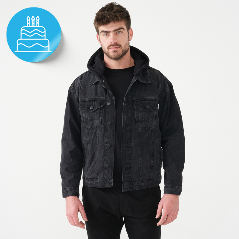 Black denim fleece jacket hot sale men's