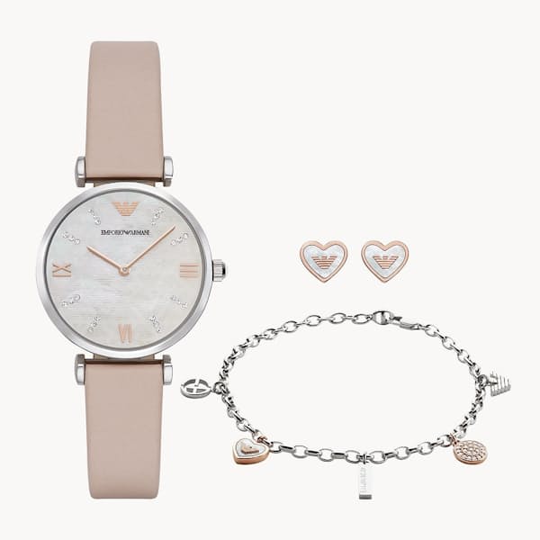Ladies Two-Hand Pink Leather Watch with Bracelet & Earrings