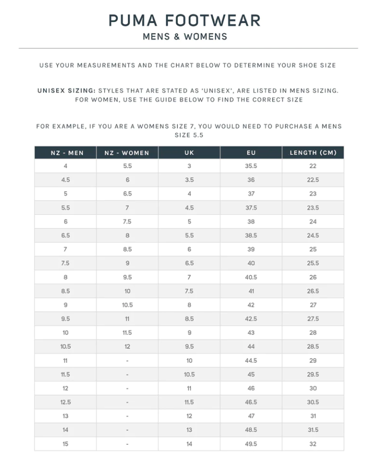 Puma golf sales shoes size chart