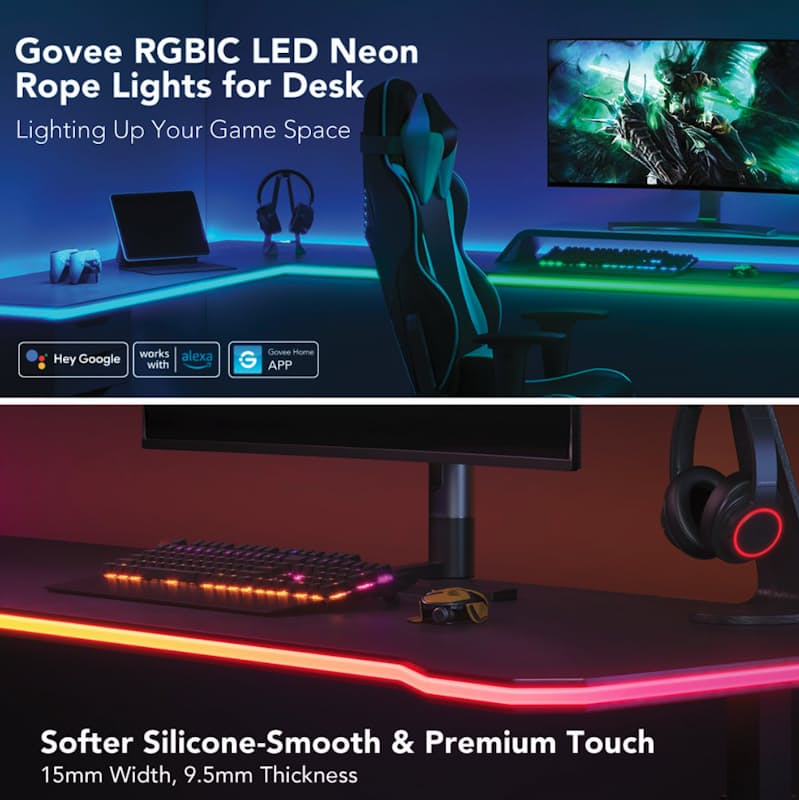 Govee RGBIC Gaming Neon LED Strip 3 m for Gaming Desk, Neon Sign Compatible  with Razer Chroma, 11 Music, 64+ Scene, Can be Cut to Size LED Strip, RGB