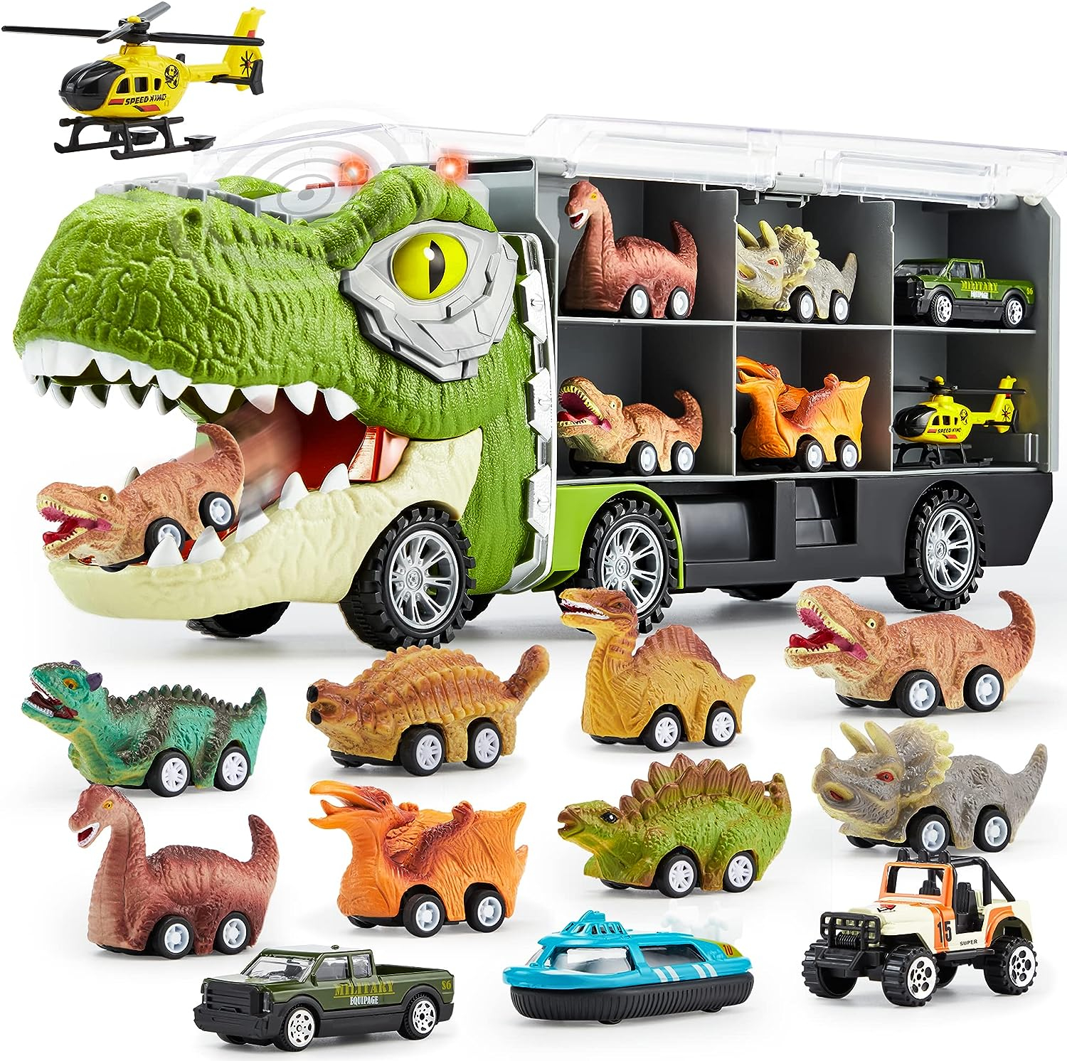 3-in-1 Music & Sounds Dinosaur Truck Transport Carrier with 12 Pull Back Cars