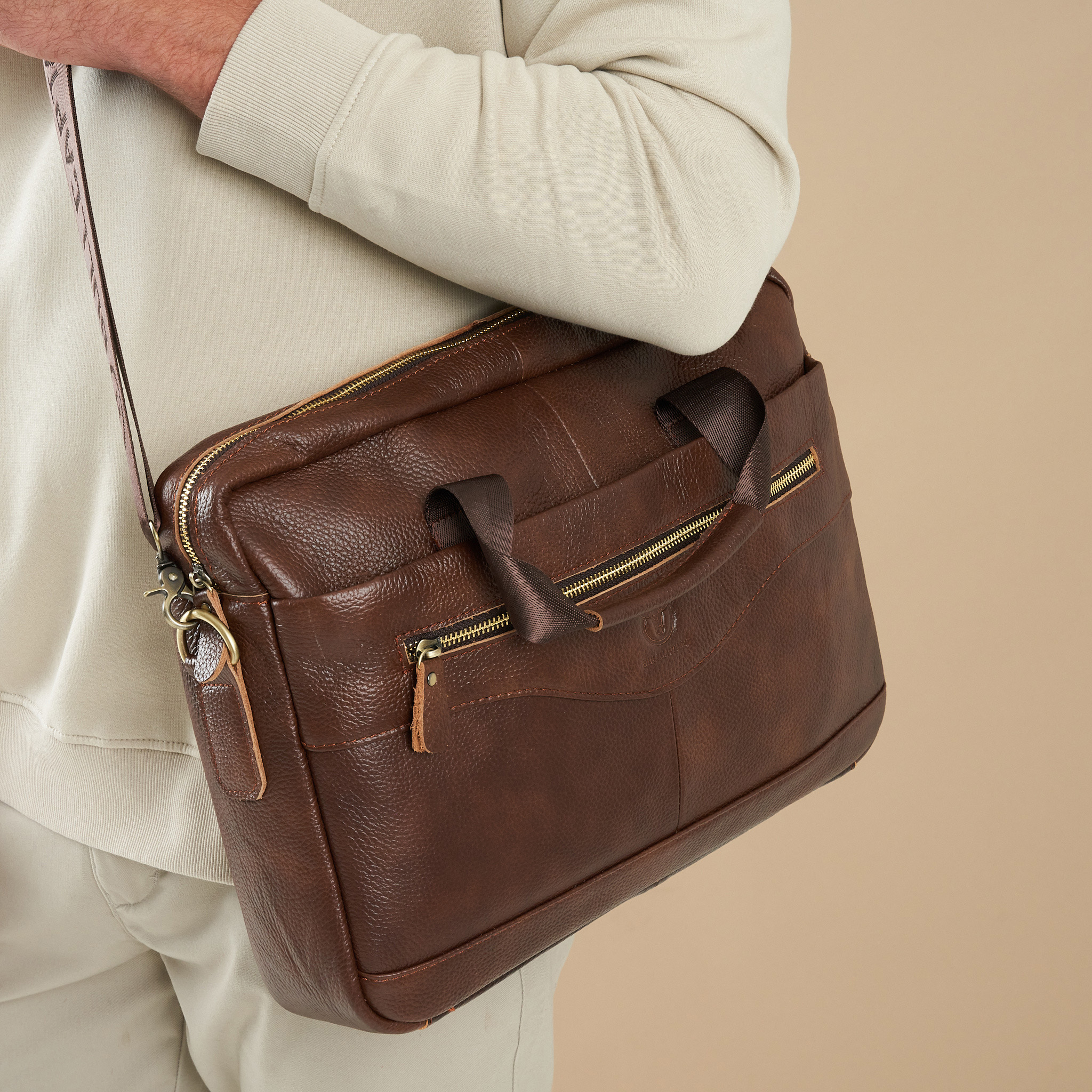 Genuine Leather Front Zip Laptop Bag