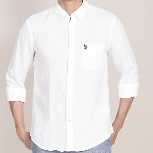 Men's Plain Woven Linen Cotton Blend Shirt