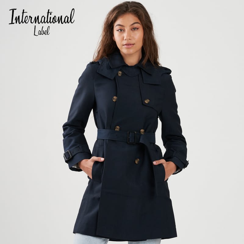 Ladies Navy Double Breasted Trench Coat with Belt & Detachable Hood