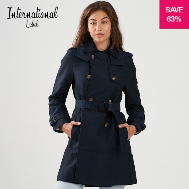 63% off on Ladies Navy Trench Coat with Belt & Detachable Hood | OneDayOnly