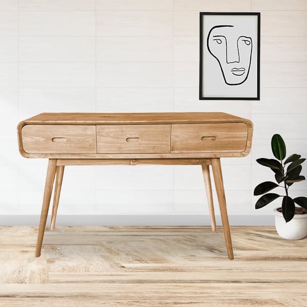 3 Drawer Natural Retro Teak Console Table