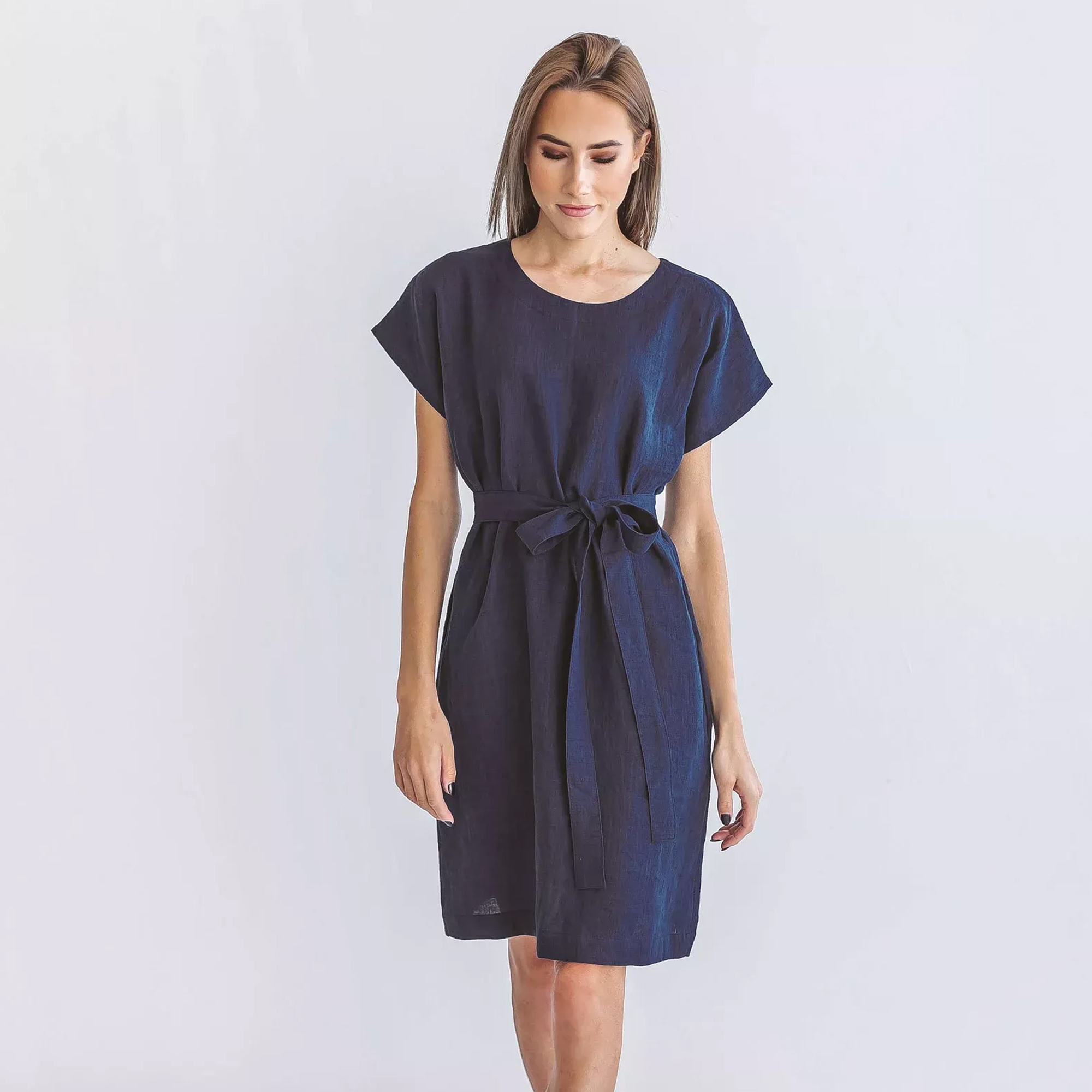 Ladies Navy Belted Linen Blend Dress