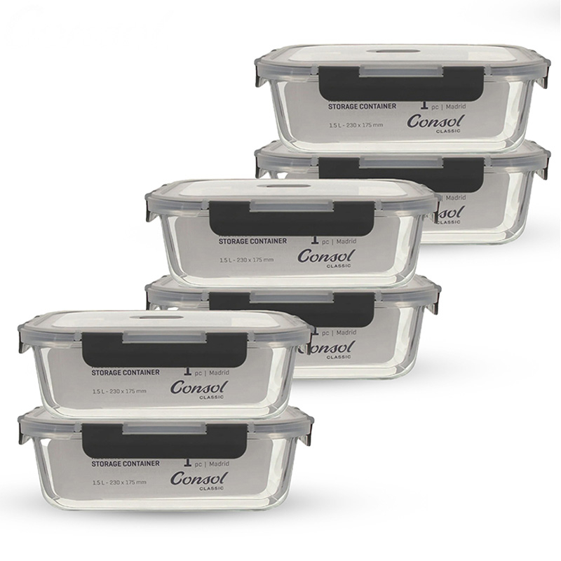 6x 1.5L Madrid Glass Storage Containers with Clip-On Lids