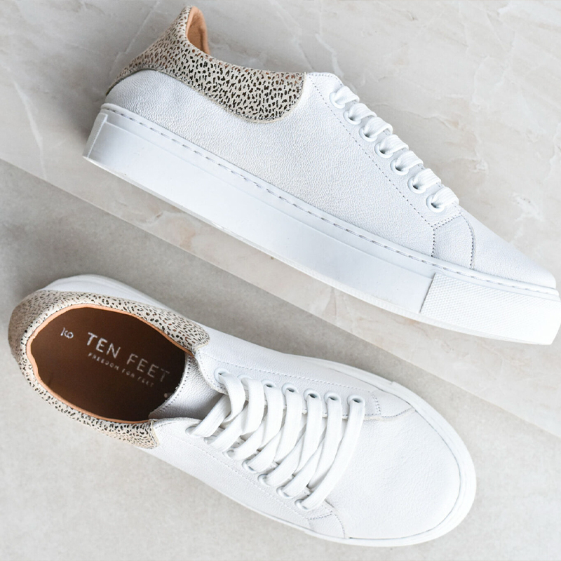 Ladies Genuine Leather Classic Lace Up Sneakers with Printed Inset