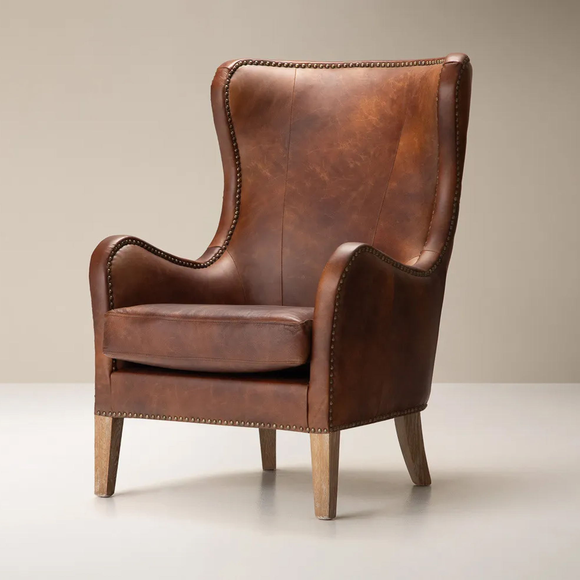 Classic Full-Grain Leather Wingback Armchair