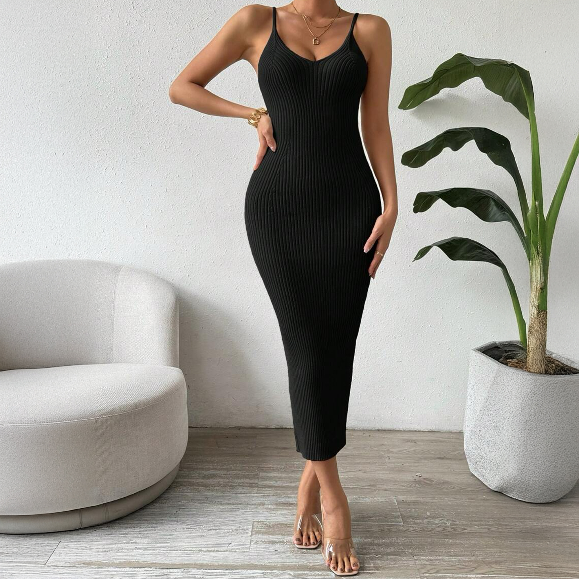 Ladies Ribbed Knit Bodycon Strap Dress