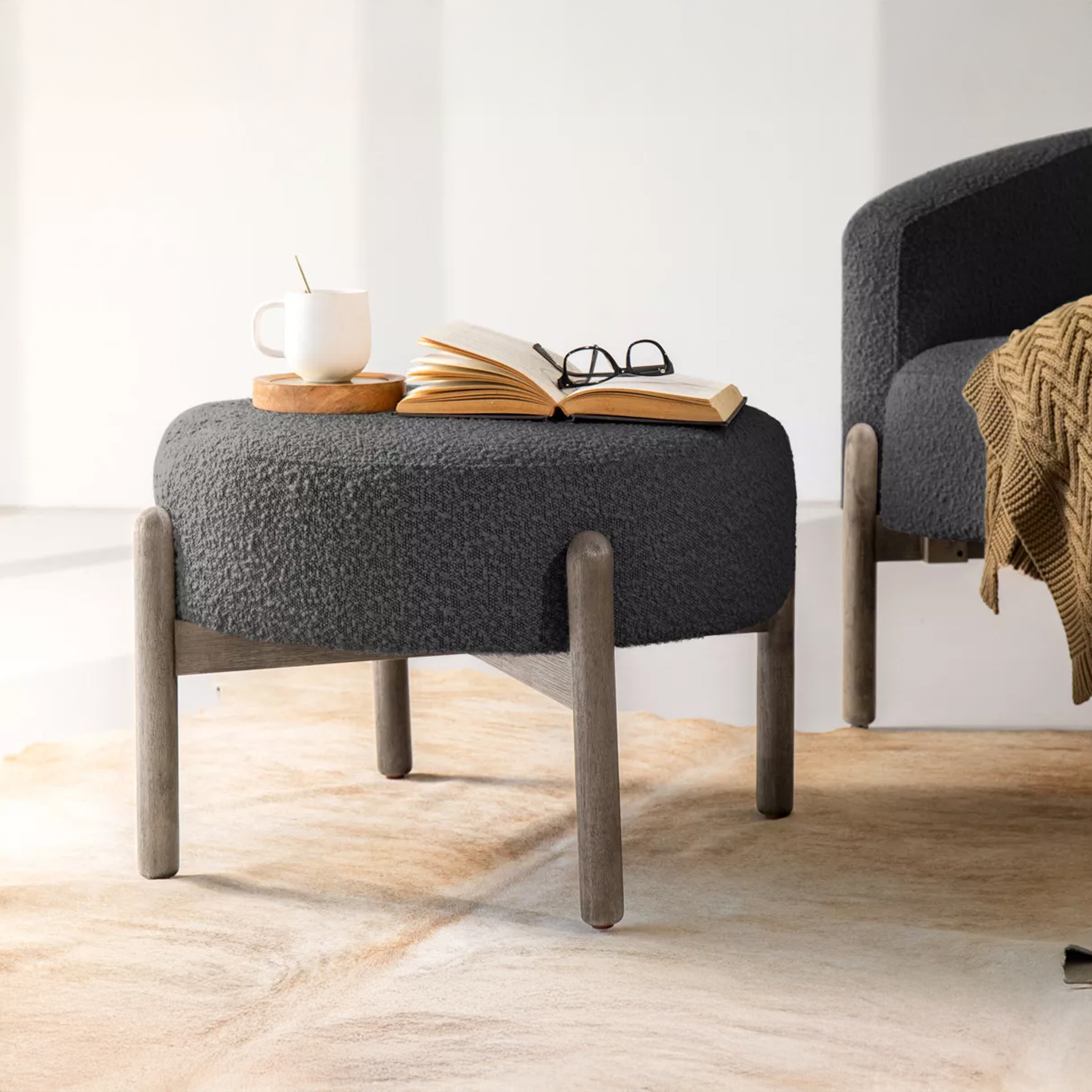 Textured Boucle Round Ottoman