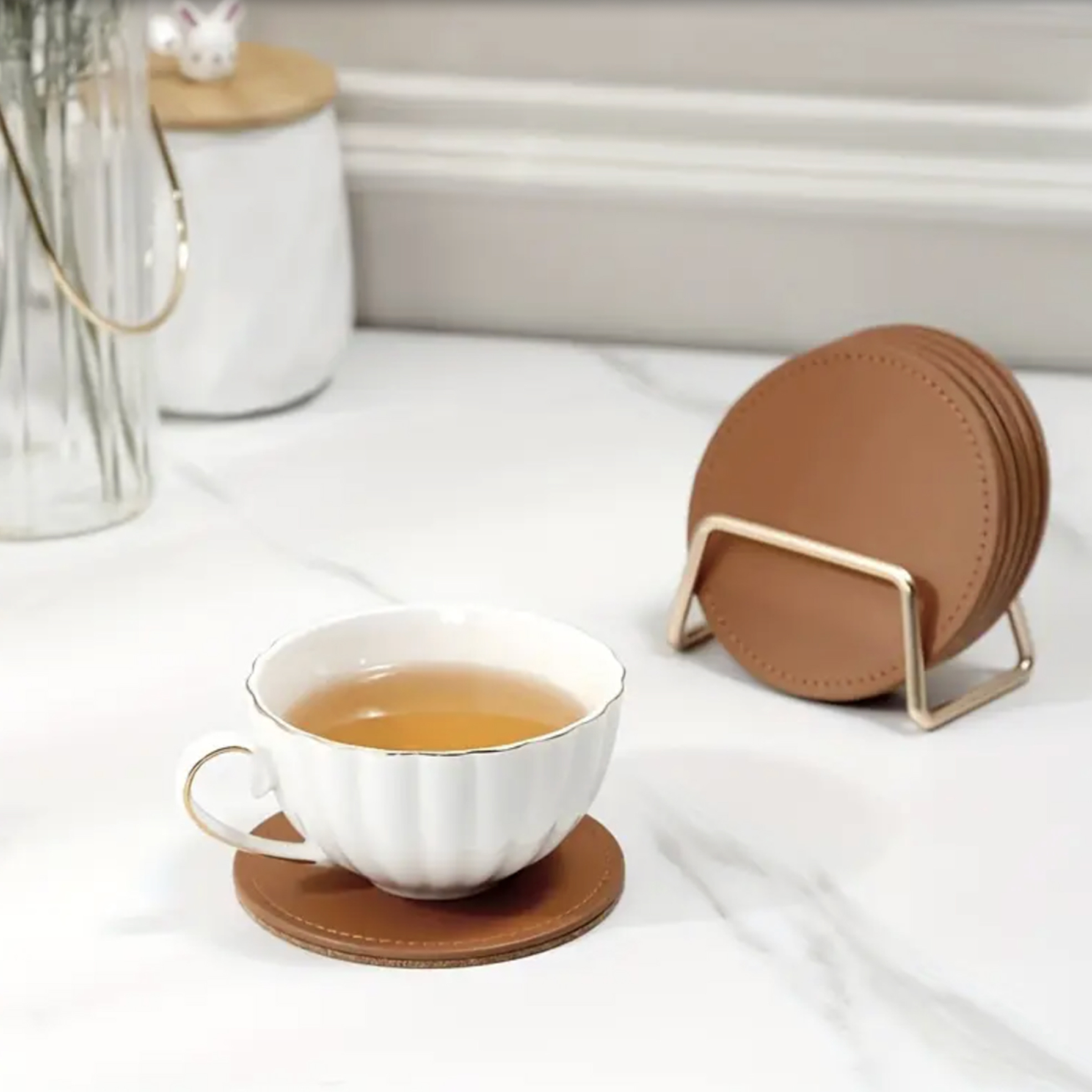 6x PU Leather Coasters with Metal Holder