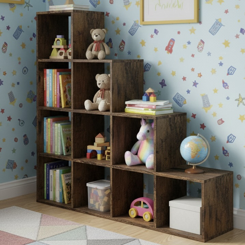 10-Cube Multi-Level Storage Shelf with Vintage Wood Finish