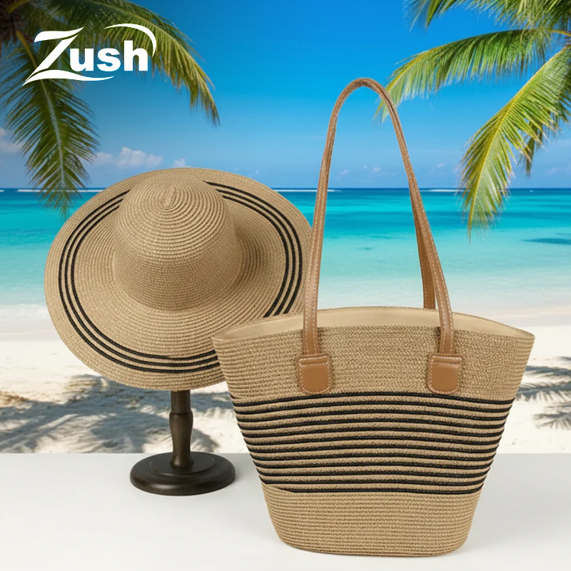 Ladies Summer Straw Woven Hat and Beach Bag