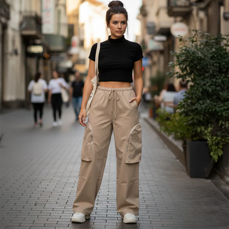 Ladies Drawstring Wide Leg Cargo Pants