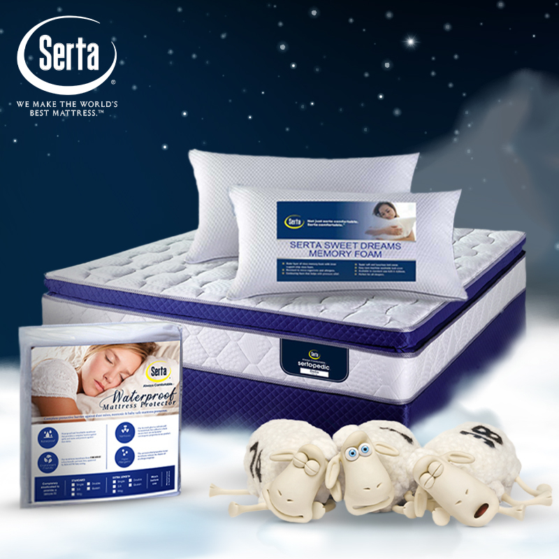 SertaPedic Bella PowerCoil Technology Pillow Top Flip Free Mattress or Bed Set with 2 High Density Memory Foam Pillows and a Waterproof Mattress Protector Included