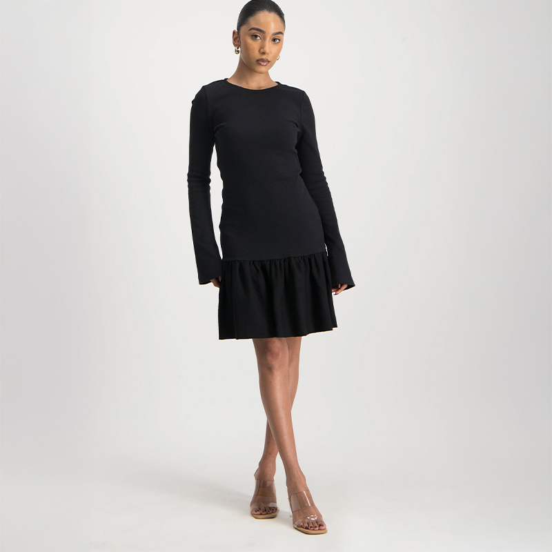 Ladies Long Sleeve Rib Bubble Hem Dress