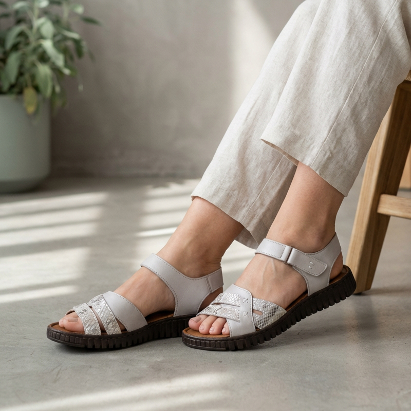Ladies Grey Genuine Leather Grecian Sandals
