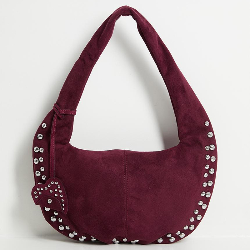 Faux Suede Studded Hobo Handbag
