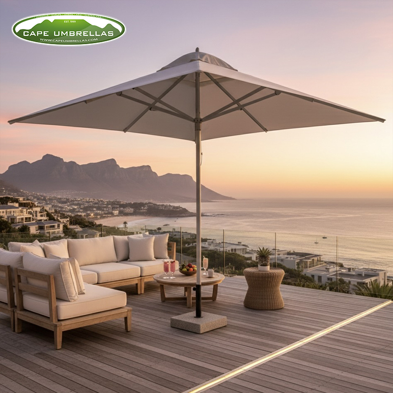 Exclusive St. Francis Ecru Semi-Square Patio Umbrella with Easilift System, Protective Cover and Base