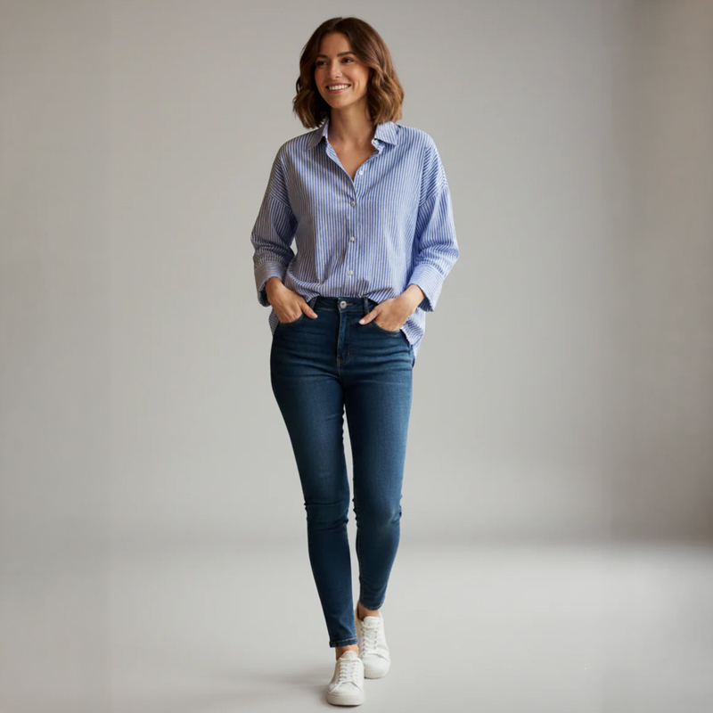 Ladies Cotton Blend Striped Button Up Shirt