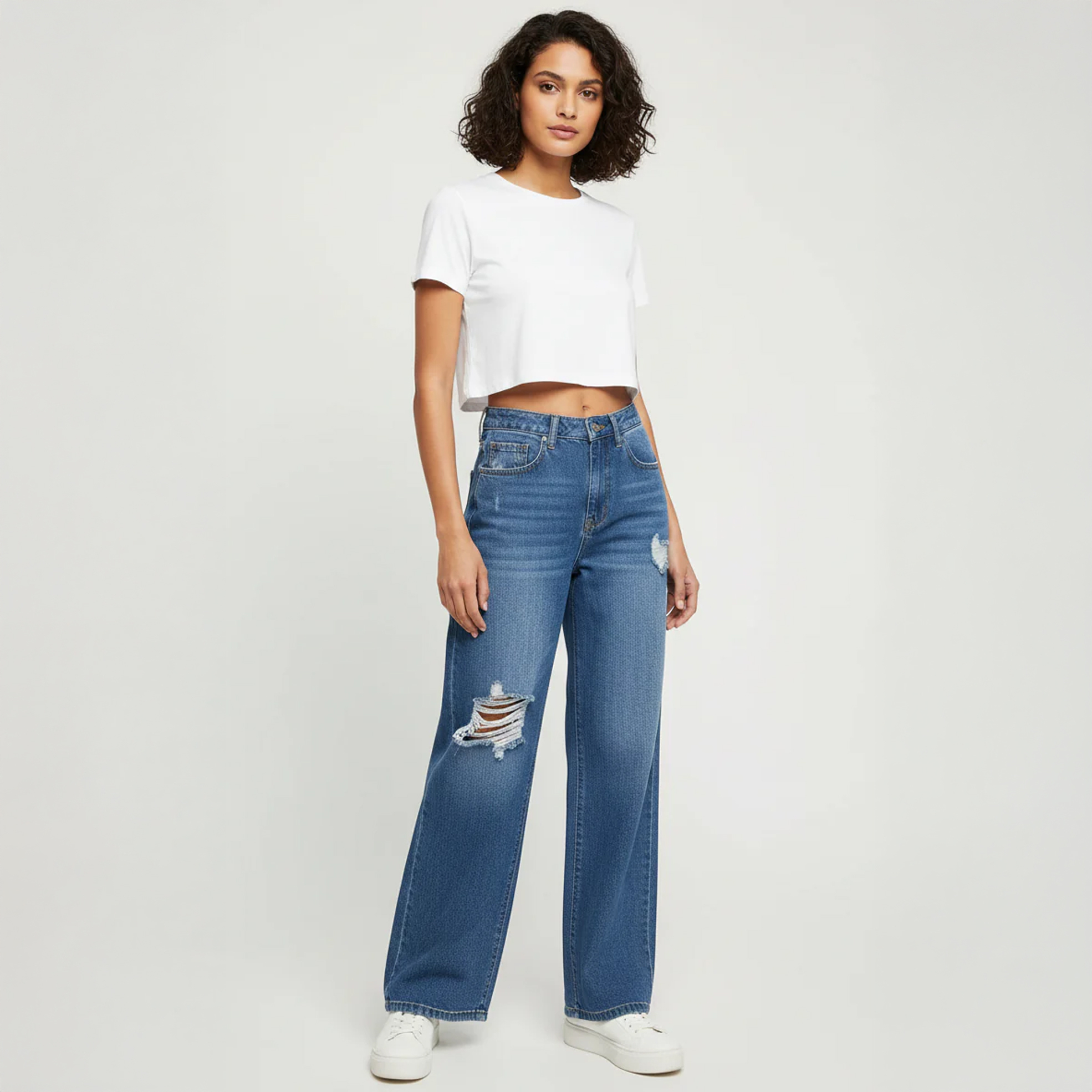 Ladies Medium Wash Wide Leg Ripped Jeans