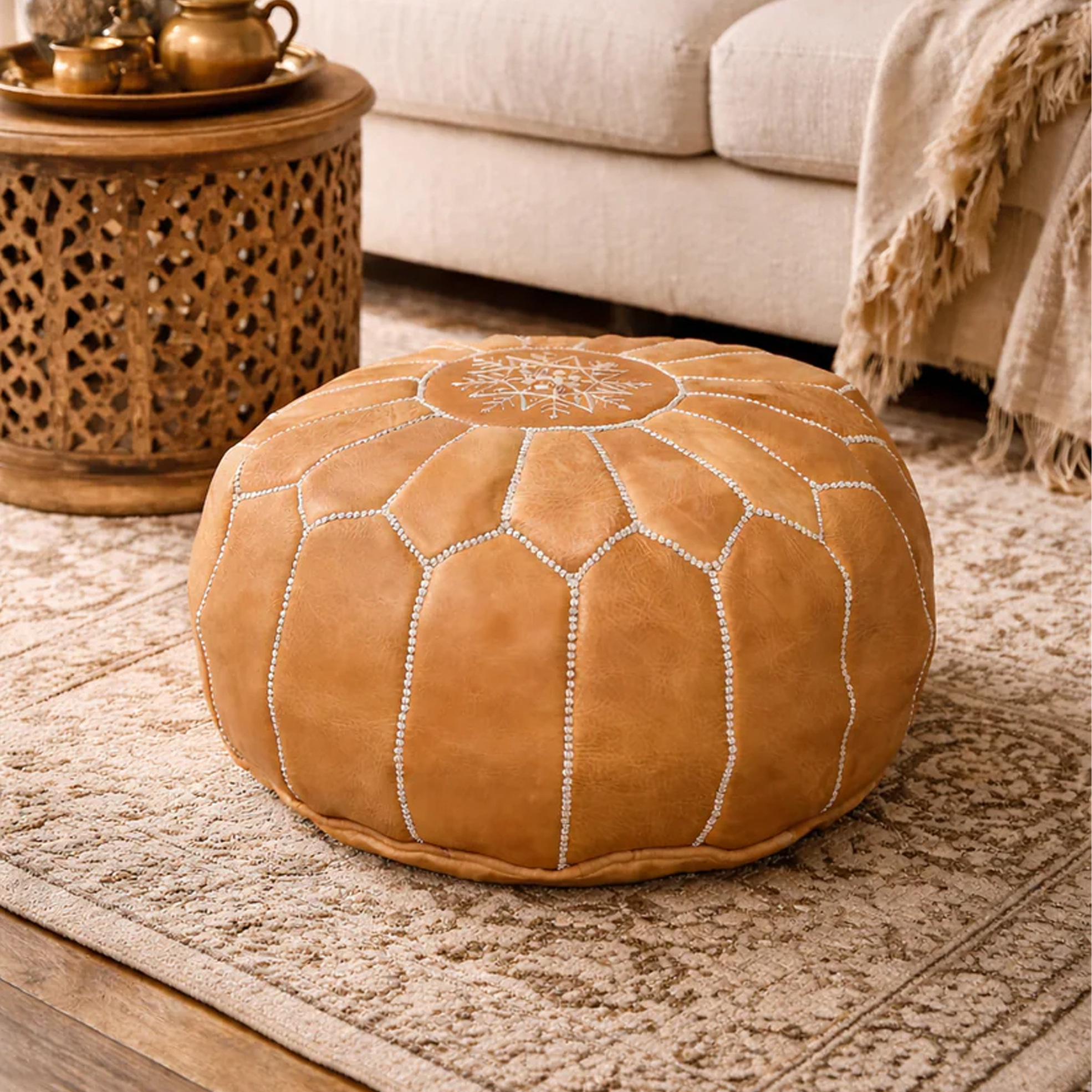 Round Moroccan Leather Pouf