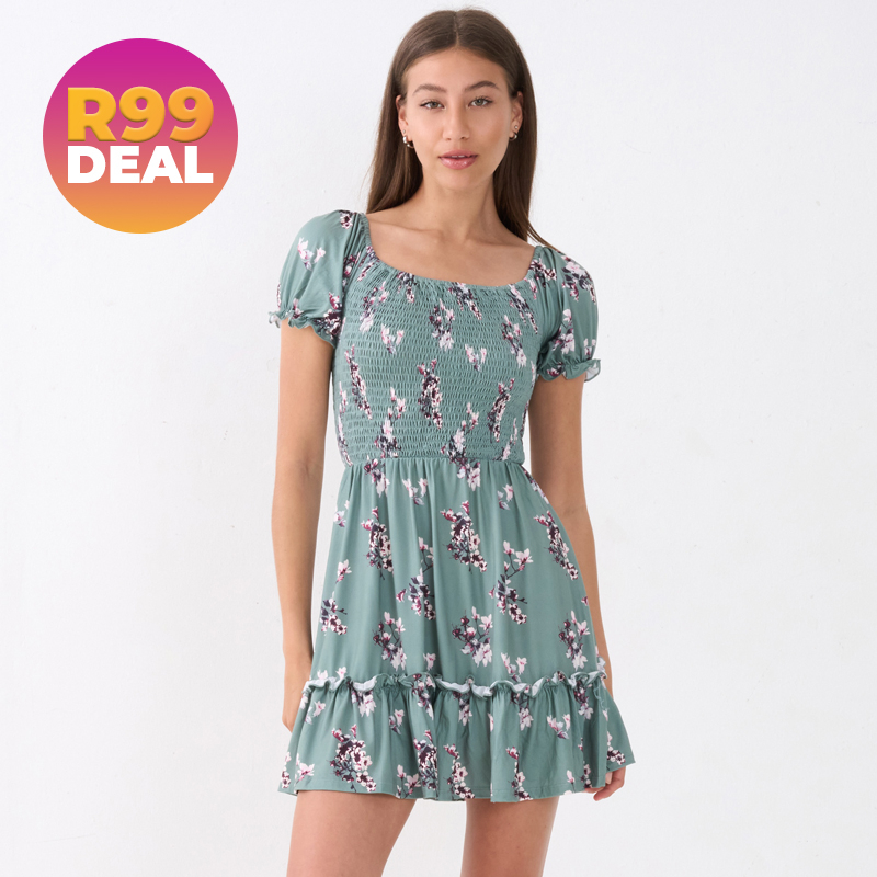 Ladies Short Sleeve Ruched Body Printed Dress