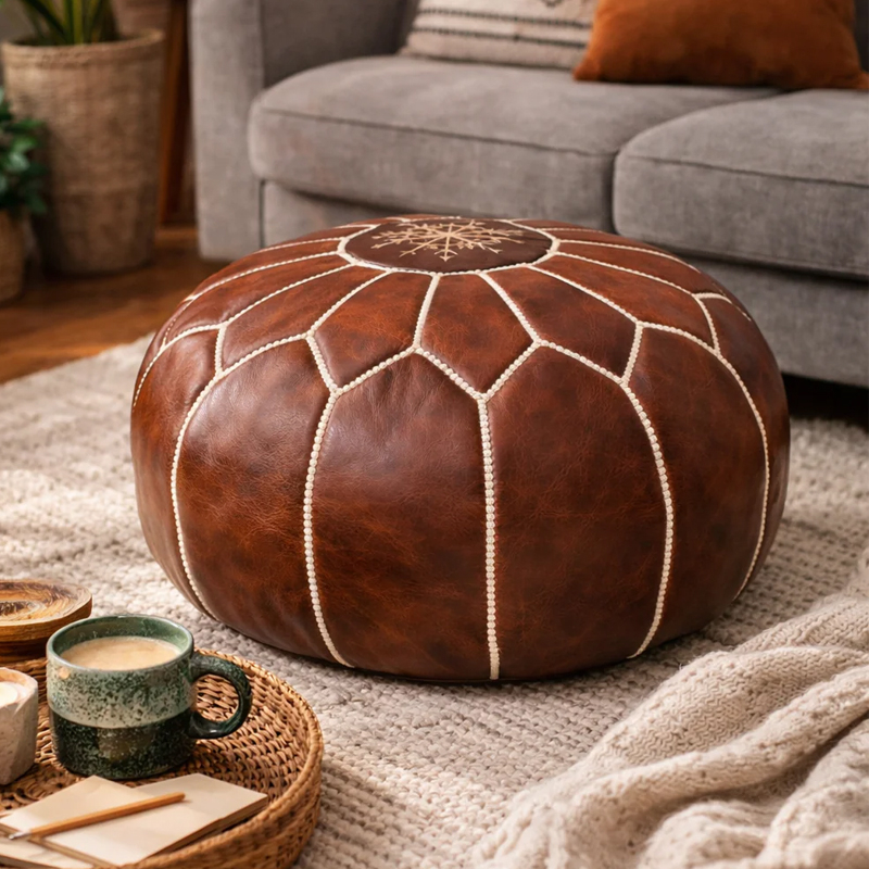 Mahogany Round Moroccan Leather Pouf