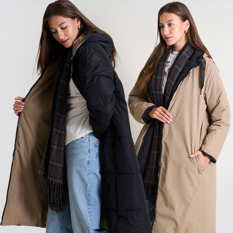 Ladies Longer Length Reversible Puffer Jacket with Hood
