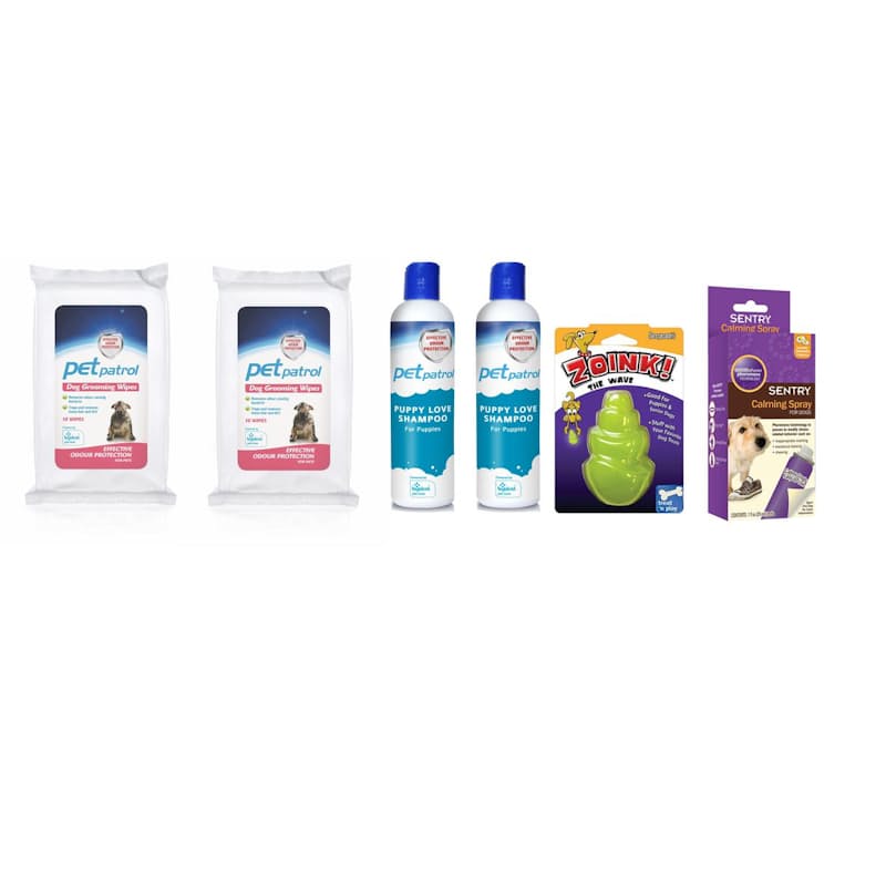 Pack includes: Dog Grooming Wipes, Puppy Love Shampoo, Zoink toy, Calming Spray