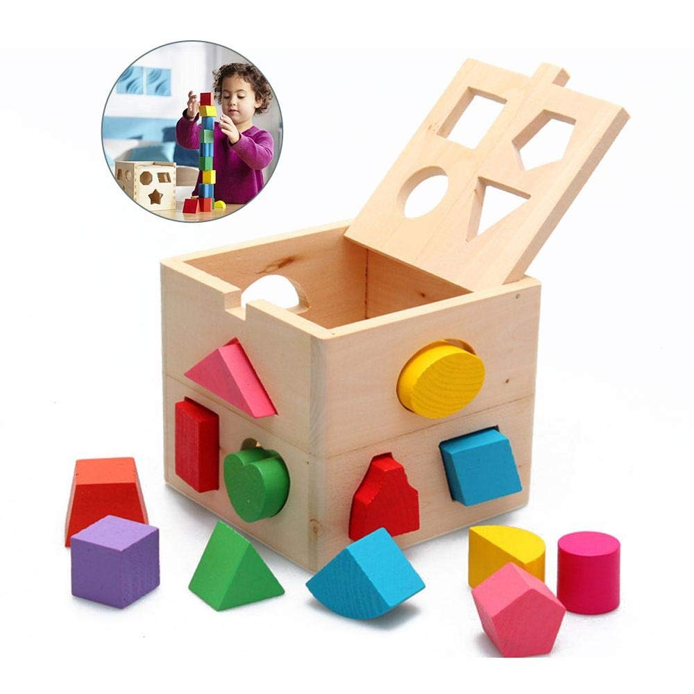 34 off on Shape Sorter Wooden Cube Toy Box with 13 Colourful Shapes