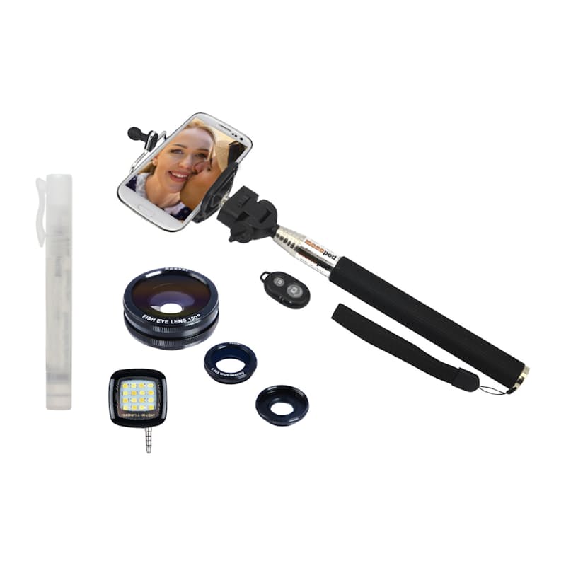 Includes Selfie stick with remote, Selfie flash, 3 x Lens', LCD screen cleaner